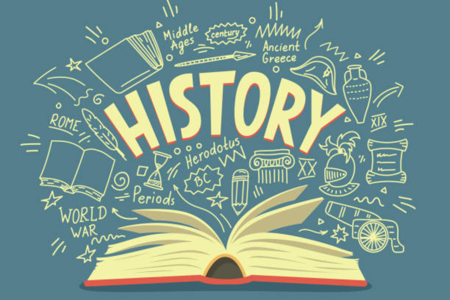 Open book with history doodles and lettering. Education vector illustration.